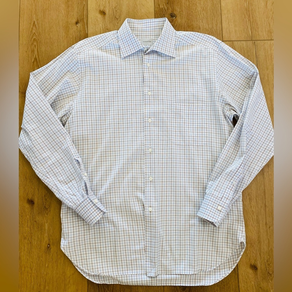 Ermenegildo Zegna Dress Shirt Men’s Size 16.5  Blue Tan Plaid Business Work Wear
